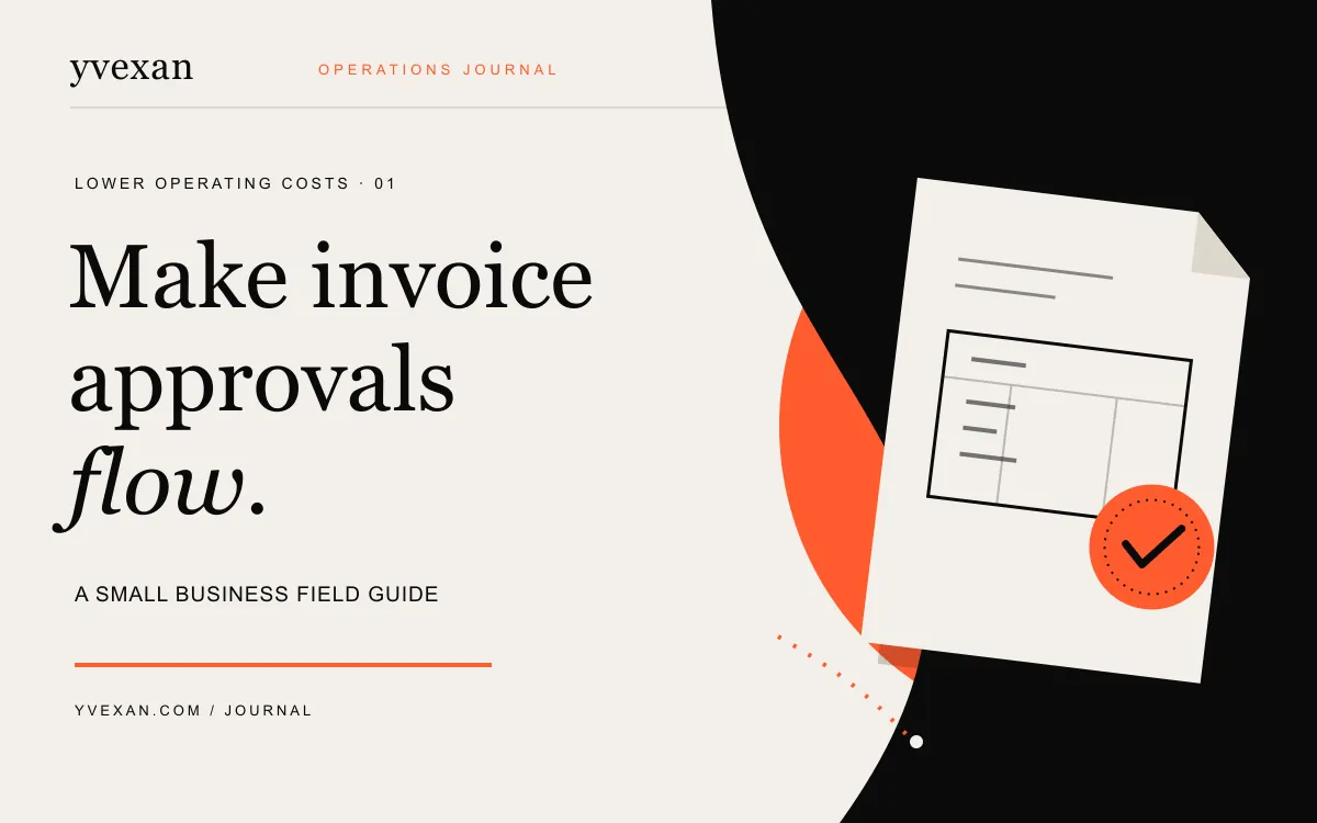 An invoice folio with an orange approval seal and a dark charcoal field.