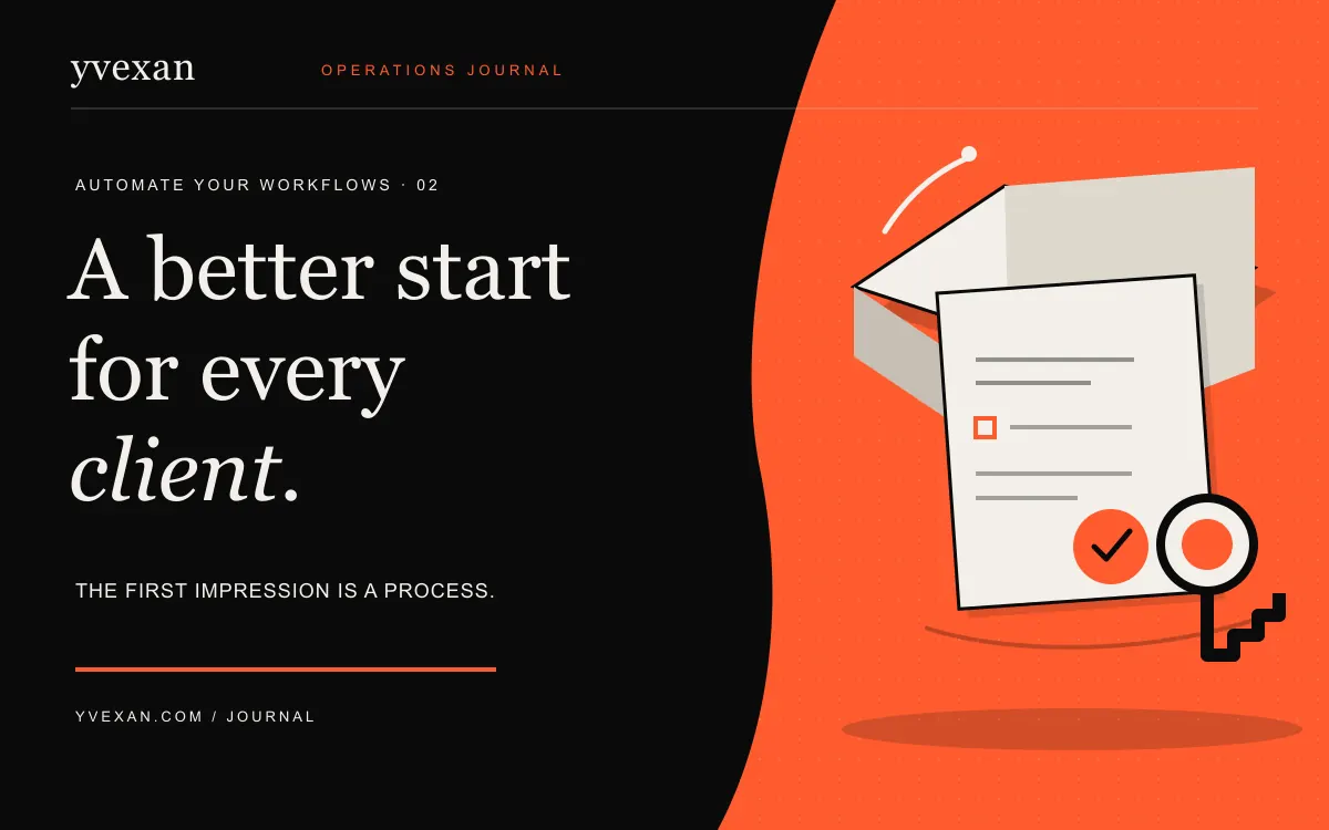 A folded welcome packet, onboarding checklist and key arranged as an editorial still life.